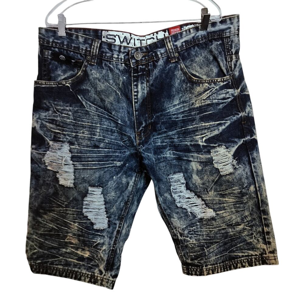 M890)Switch Premium Denim Dark Acid Distressed Shorts Size 38